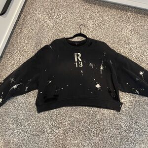 R13 BLACK CROPPED SWEATSHIRT WITH ACID BLACK PAINT SPLATTER, BRAND NEW, MEDIUM